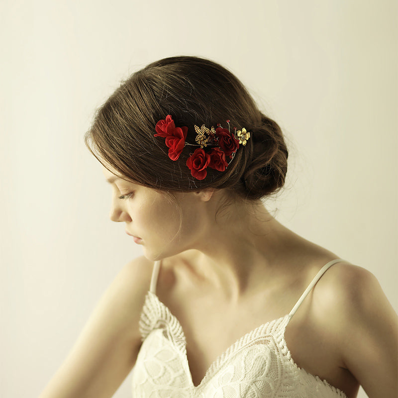 Chinese Style Red Bridal Head Flower Hair Ornament, Flannel Rose Flower