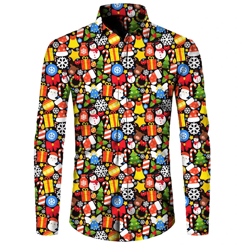 Funny Christmas Theme Digital 3D Printing Men's Button Lining Casual Long Sleeve