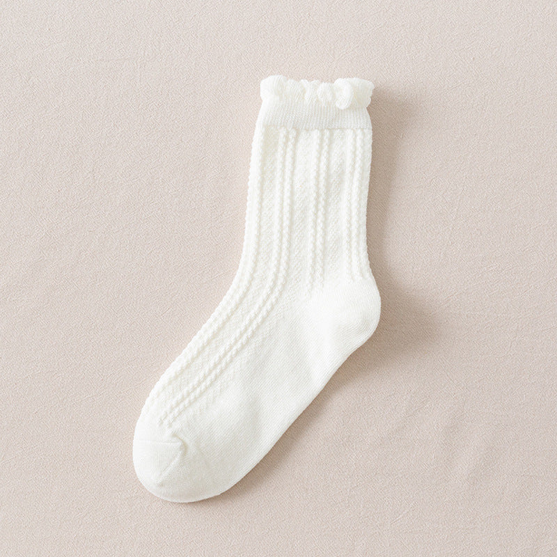 Autumn Japanese Solid Color Ins Lace Bubble Cotton Breathable Mid-calf Socks