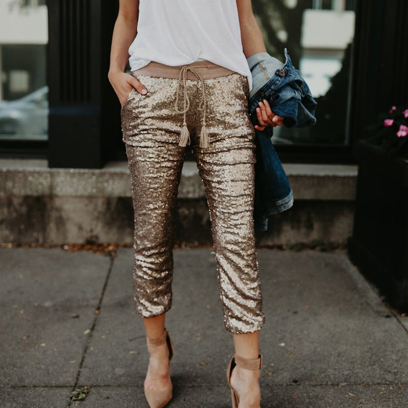 All-match sequined elastic waist tie pants