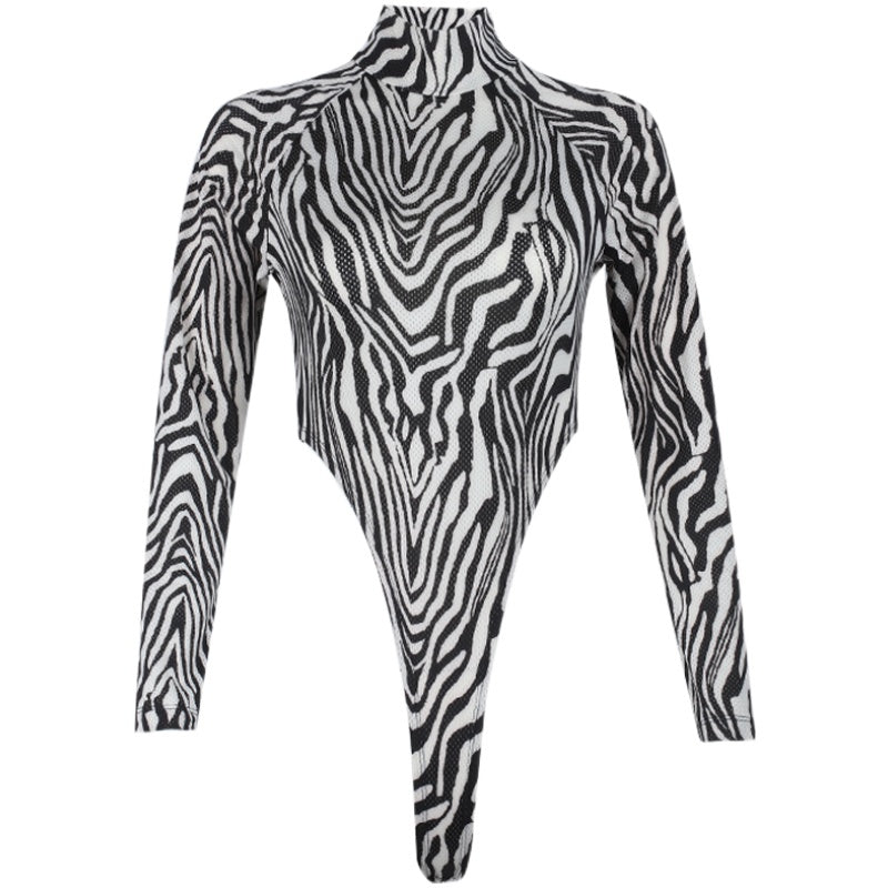 Women's Zebra Pattern Hollow Half High Neck Bodysuit