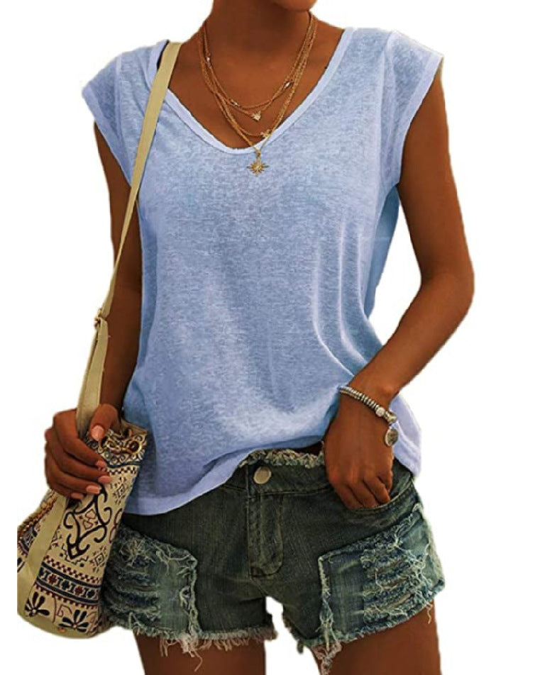European And American Women's Simple V-neck Loose T-shirt
