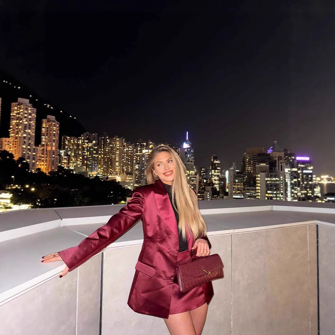 Burgundy Acetate Satin Fitted Waist Blazer And Skirt Set