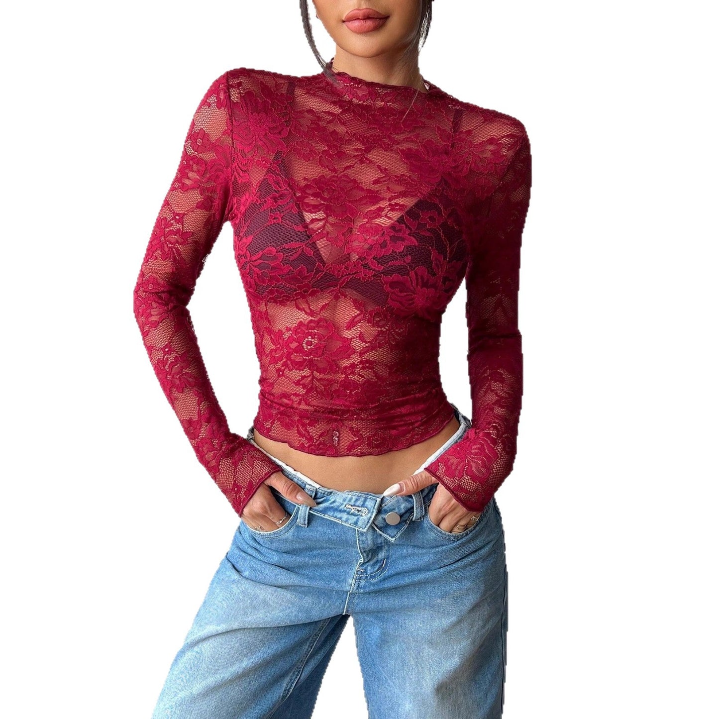 Single Layer Long Sleeved Slim Lace Top