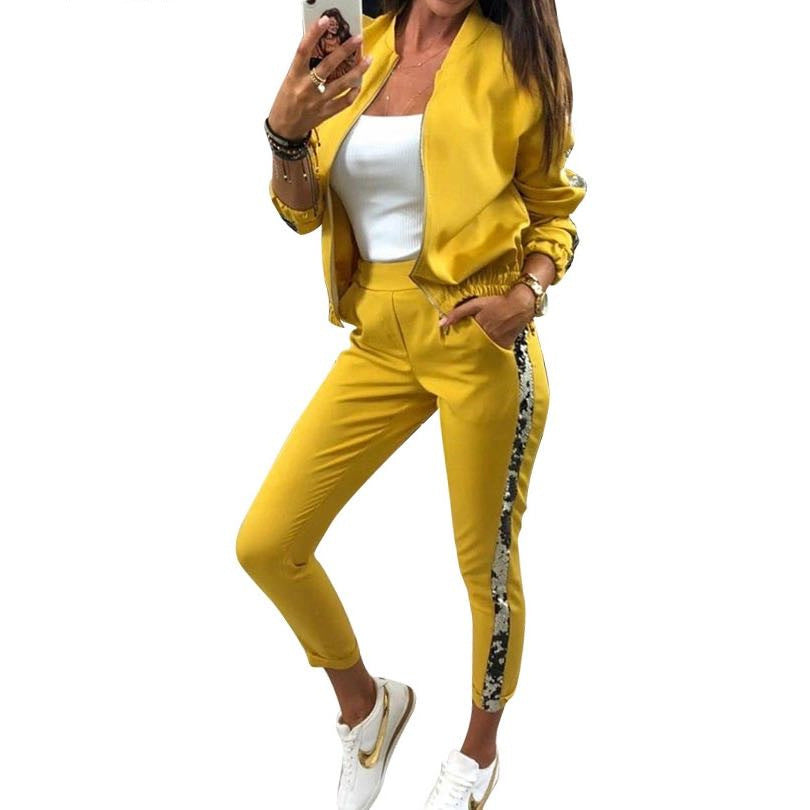 9536 European And American AliExpress Autumn Fashion Casual Sequin Splicing Coat Trousers Sports Suit For Women