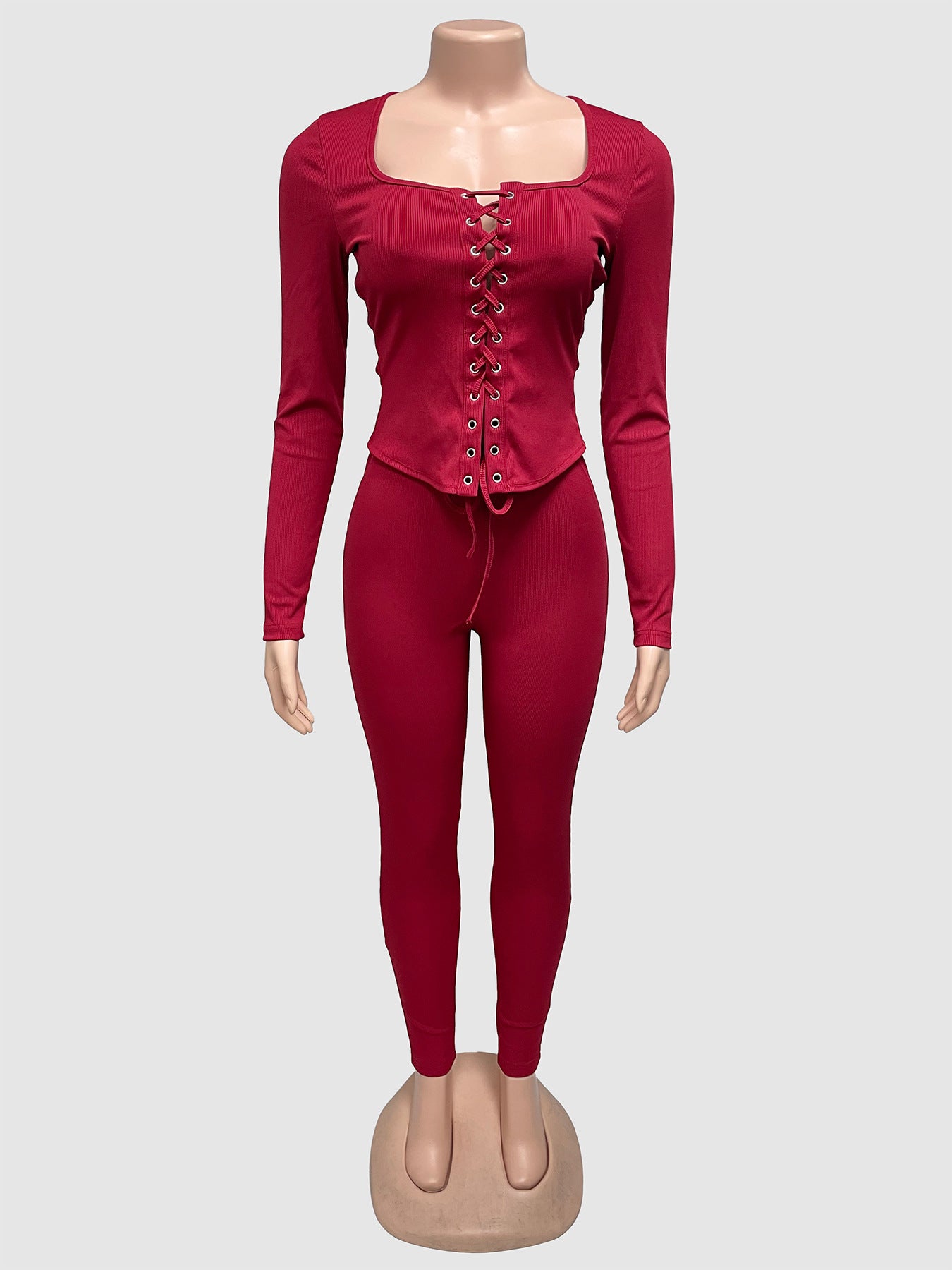 Women's Sexy Girl Chest Tie Long Sleeve Long Pants Solid Color Slim Two-piece Set
