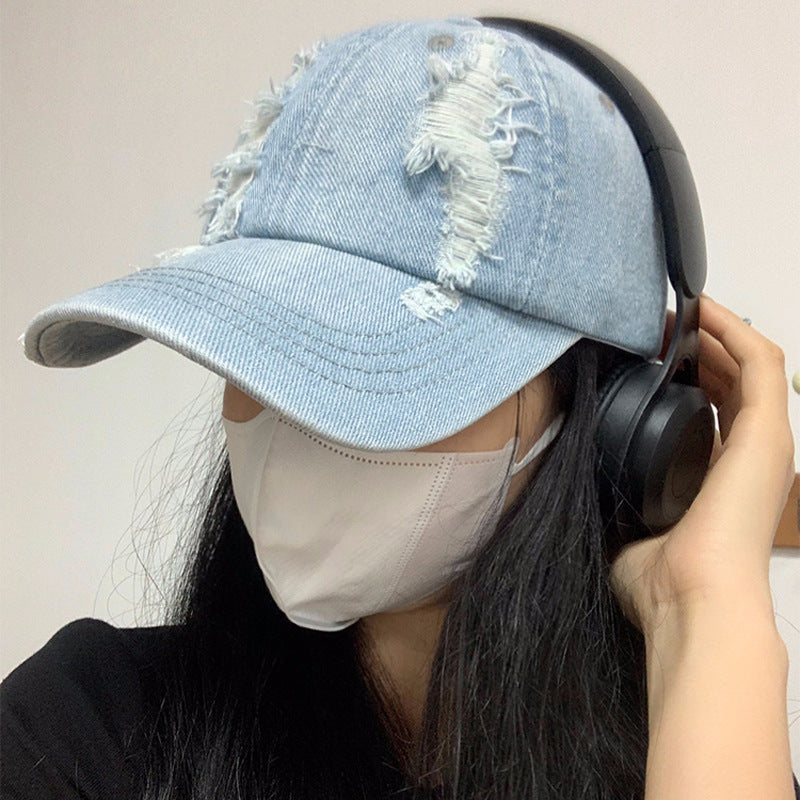 Sommer Koreansk Stil Denim "Make Old" Revnet Kasket
