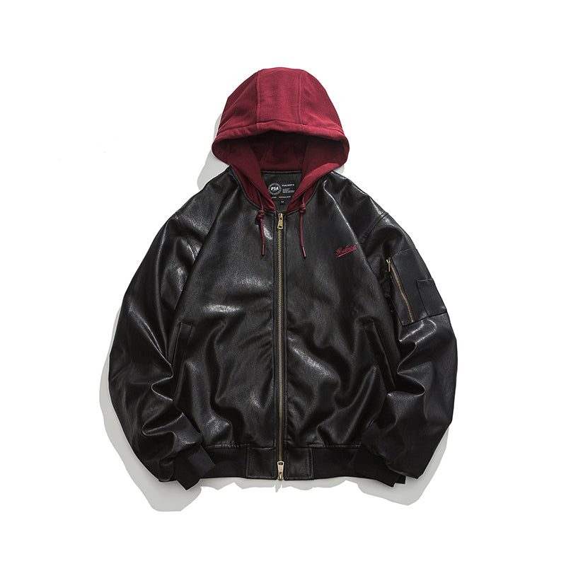 American Street Retro Patchwork Hooded Biker's Leather Jacket Coat