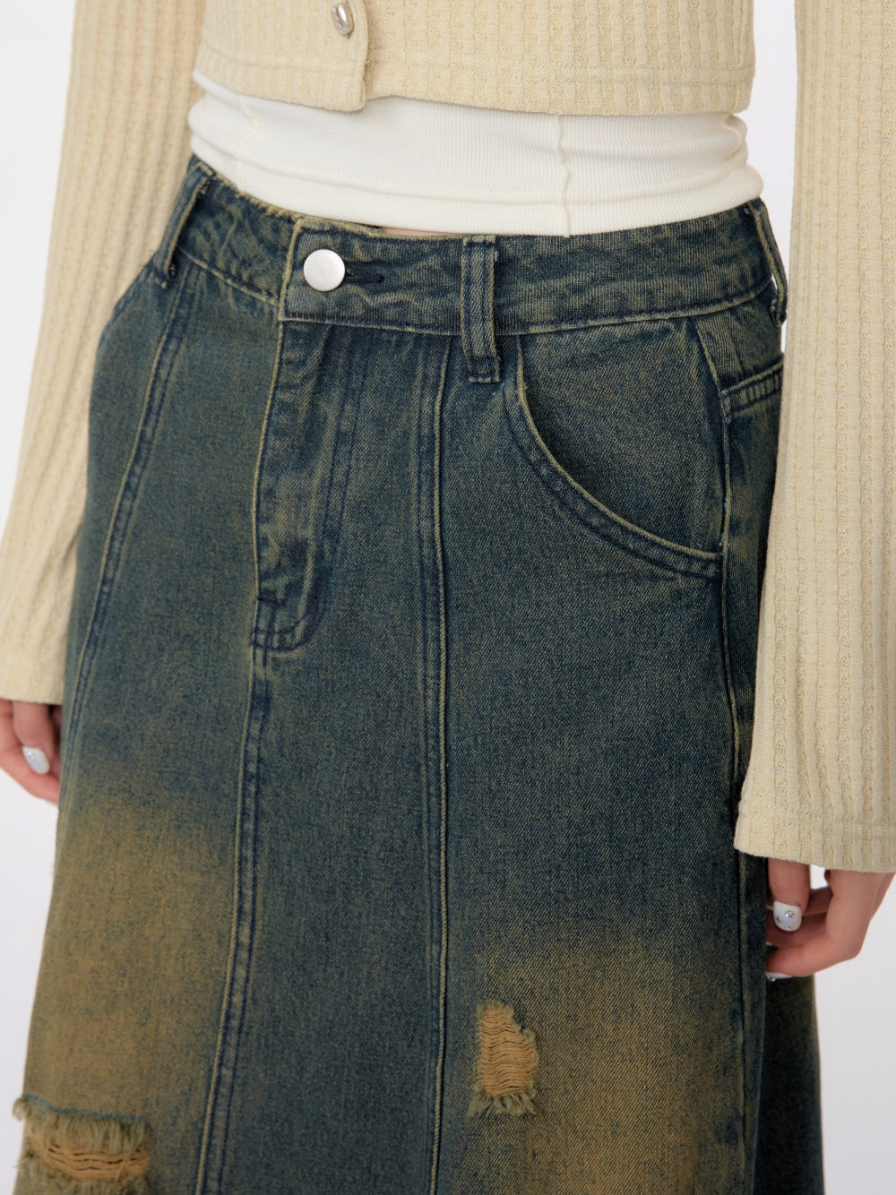 High Waist Mid-length Make Old Ripped Split Denim Skirt