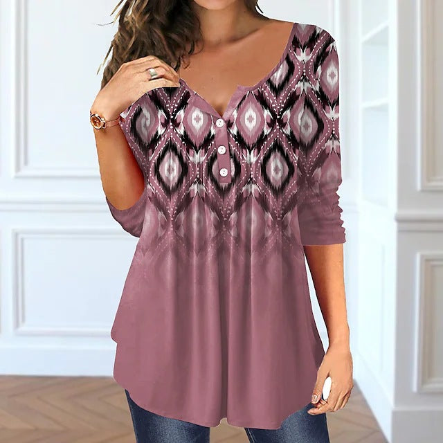 Beauty Summer Loose V-neck Pullover Short Sleeve Button Printed T-shirt