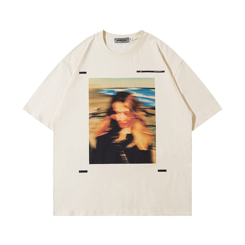 American Retro Portrait Printing Loose Plus Size Short Sleeve