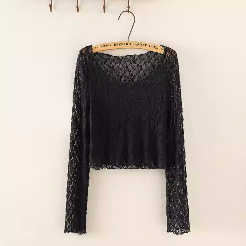 Big Neckline Long Sleeve Lace Stretch Slim Short Chic Crocheted Top
