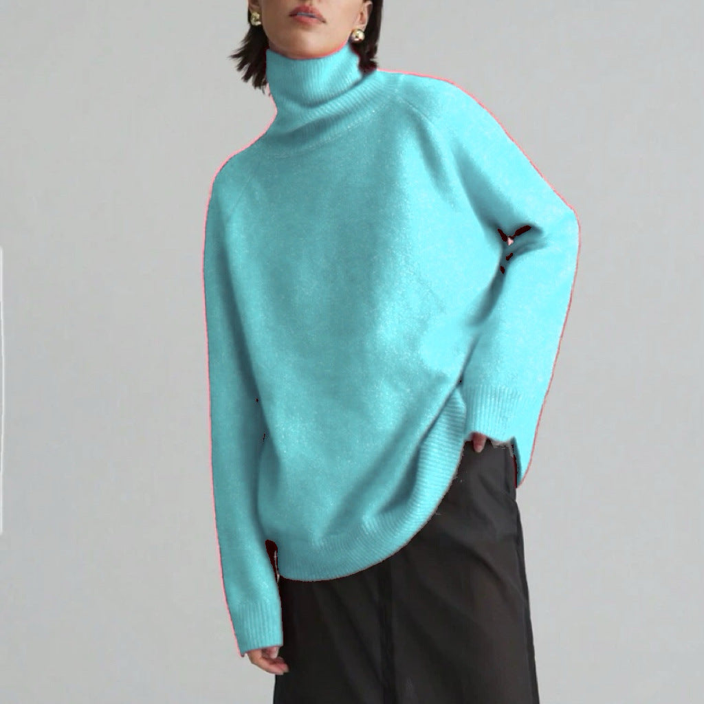 Loose Fitting High Neck Solid Color Sweater