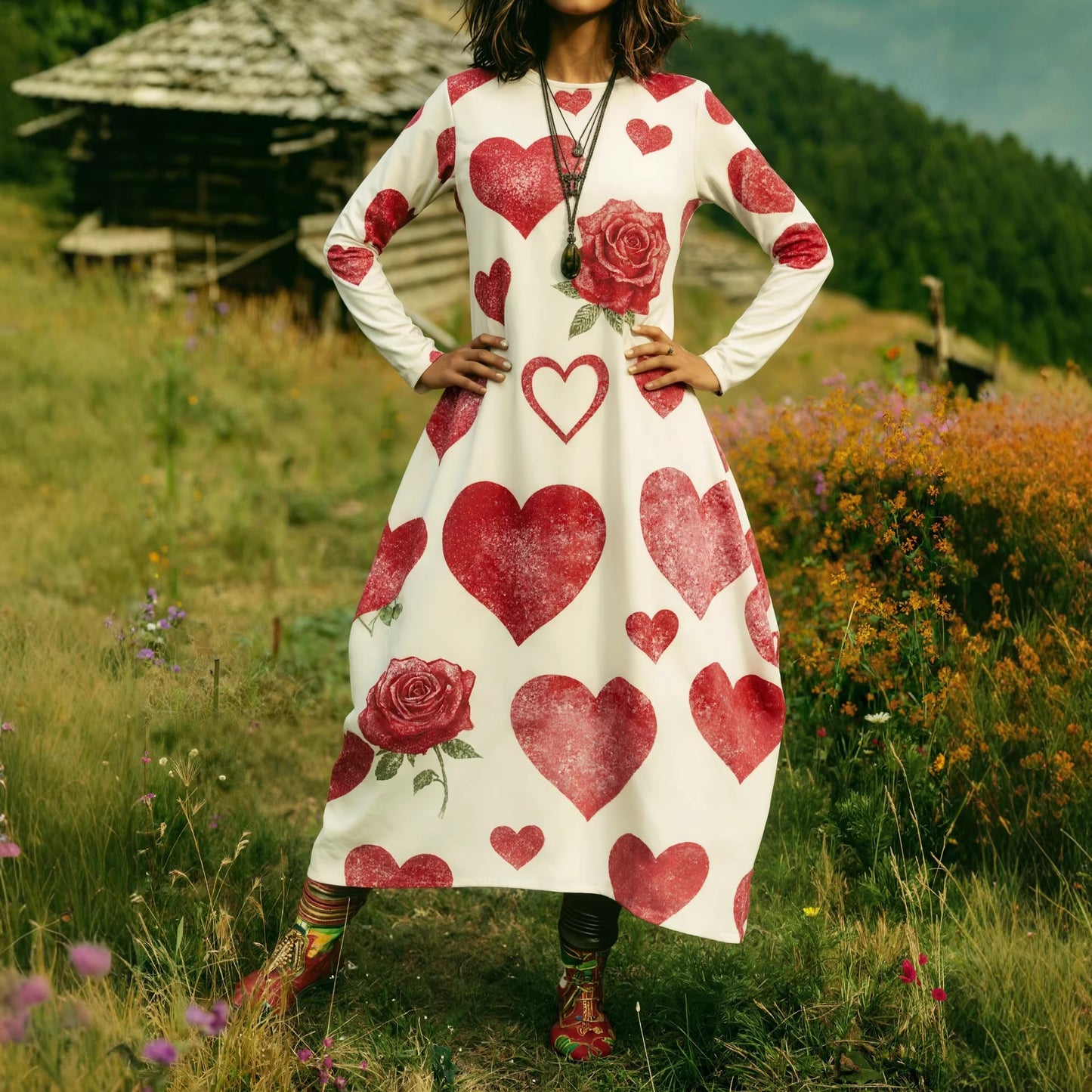 Womens Printed Crew-Neck Long-Sleeve Dress