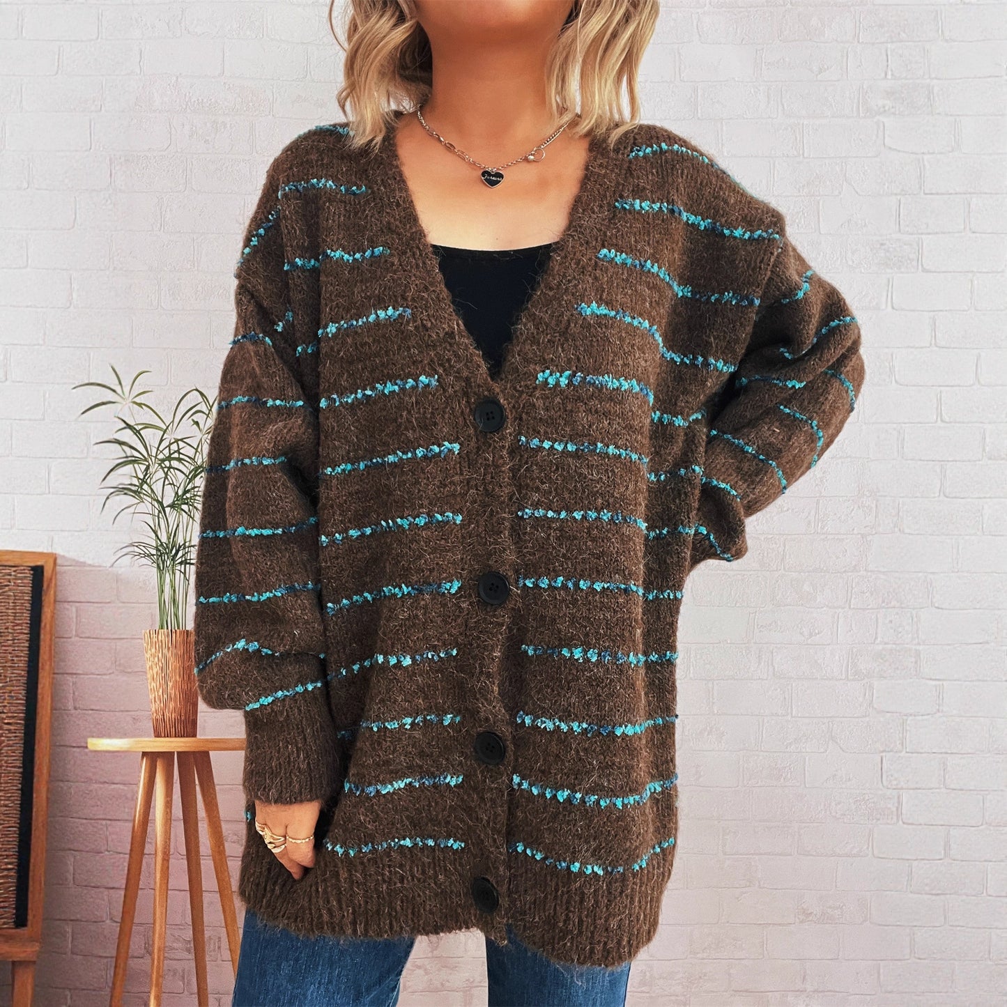 Retro Loose Striped Contrast Color Single-breasted Long Knitted Cardigan Sweater