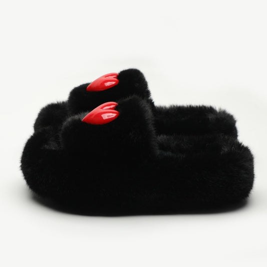 Heart-shaped Thick Bottom Fluffy Slippers Women's Outer Wear New Autumn And Winter Fleece-lined