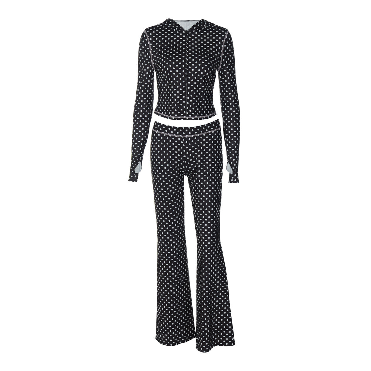 Cardigan With Dots Hooded Top Low Waist Contrast Color Trousers Suit