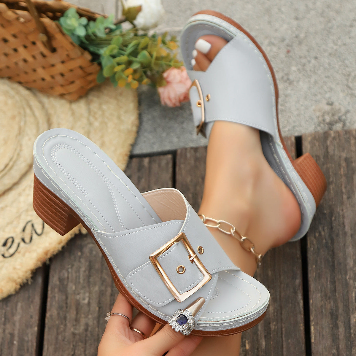Foreign Trade Women's Shoes Summer New Chunky Heel Buckle Metal Buckle Slippers With Beach Slippers