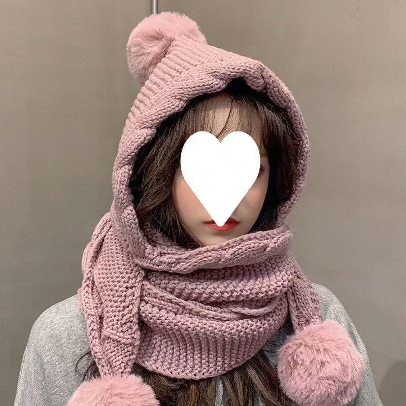Korean-style Wool Hat Versatile Attached Scarf