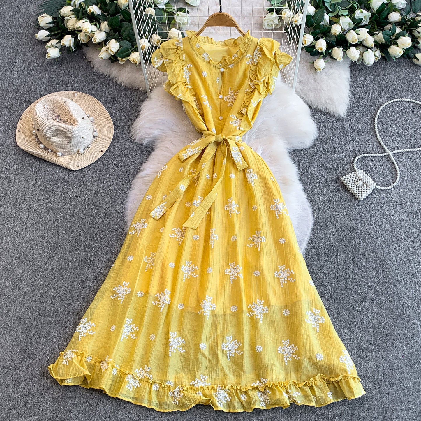 Sweet Ruffled Embroidered Round-Neck Dress Womens SpringAutumn Belted Waist Princess Long Gown