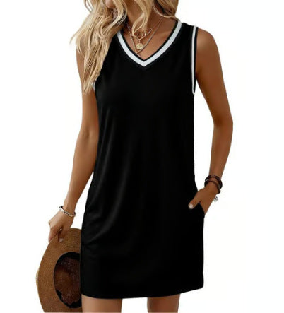 Women's Contrast-color V-neck Sleeveless Dress