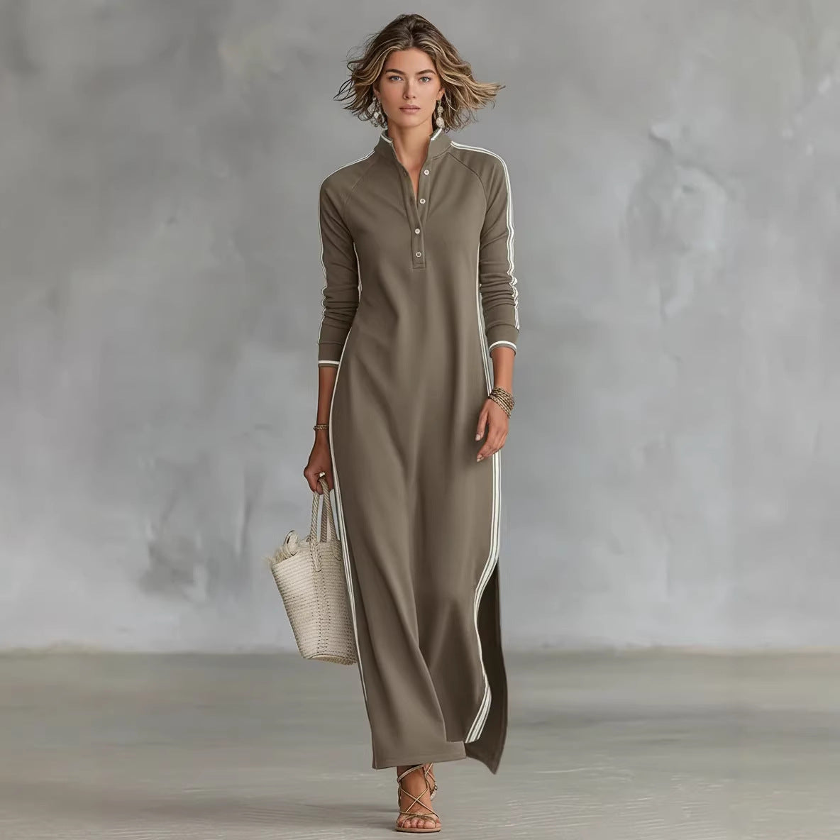 Womens Minimalist White-Bordered Buttoned Stand-Collar Sweater Dress