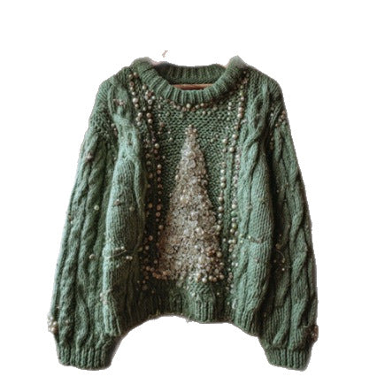 Womens Crew-neck Printed Long-sleeve Knit Sweater