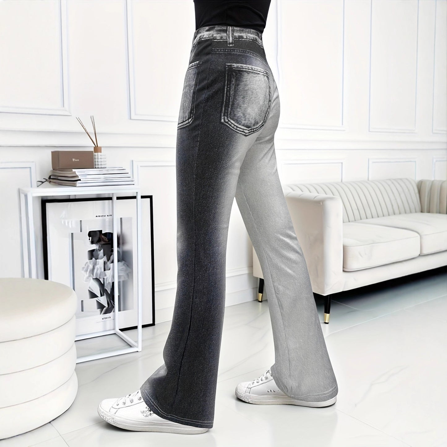 Stylish Casual Faux Denim Flare Pants With Fake Pockets