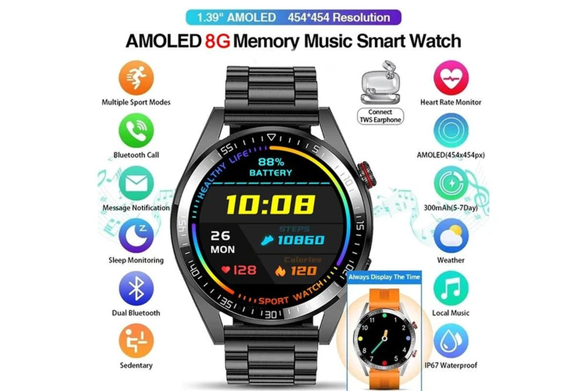 2024 New 454*454 Screen Smart Watch Men Always Display the Time Bluetooth Call 8G Local Music Link TWS Smartwatch for Huawei IOS - Silicagel Dark Grey