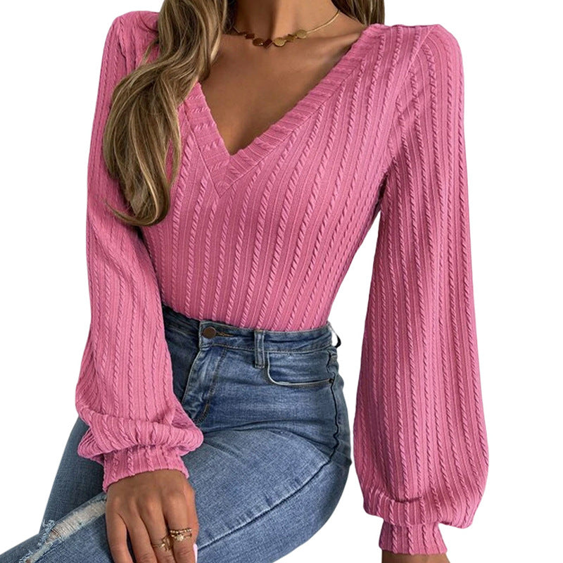 Women's Long-sleeved Shirt Tight Low Collar Lantern Sleeve Sweater