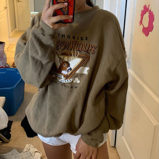 American Retro Fawn Cartoon Sweater Women's Loose Pullover