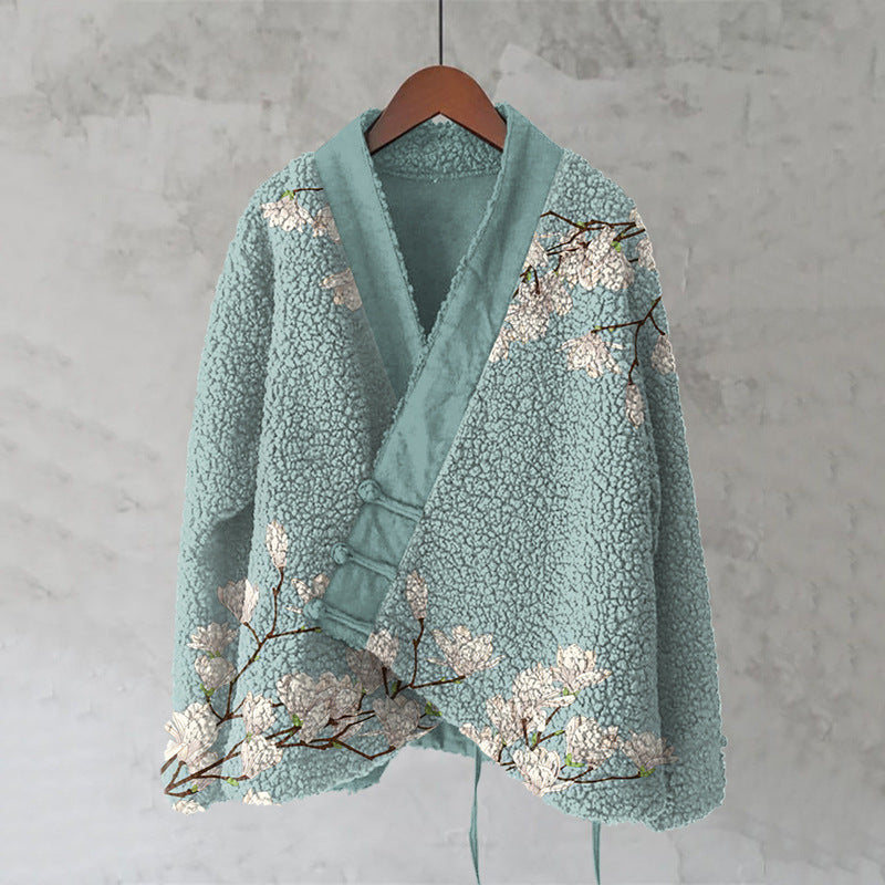 Womens Printed Kimono Cardigan Fleece Jacket Fashionable Womens Outerwear