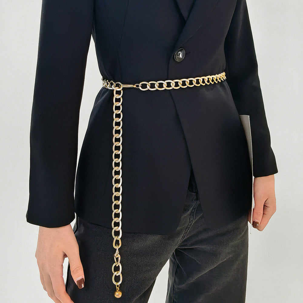 Metallic Hollowed-out Texture Gold Women's Waist Chain With Retro Single Loop Body Chain With Blouse Dress Sexy Waist Accessories