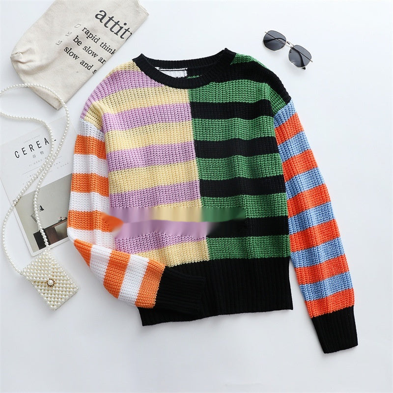 Striped Loose Temperament Commuter Round Neck Pullover Women's Sweater