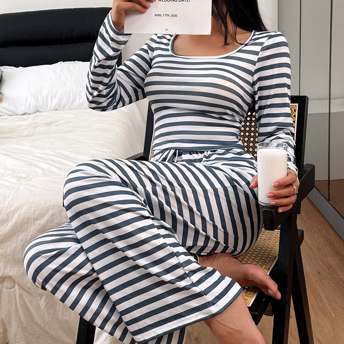 Womens Fashionable Stripe-Print Casual Slimming Long-Sleeve Pajama Set With Square Neckline And Pants