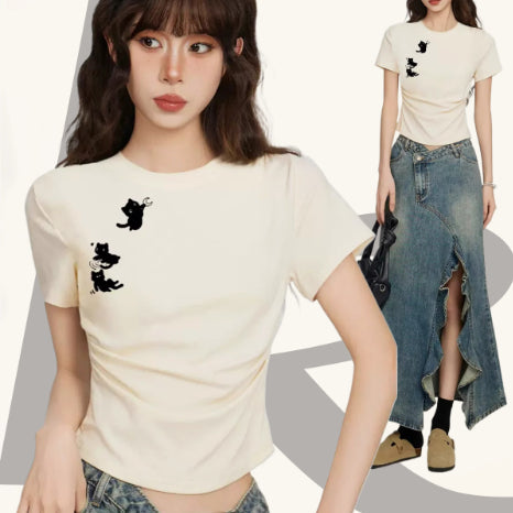 White Cat Round Neck Shoulder Short Sleeve