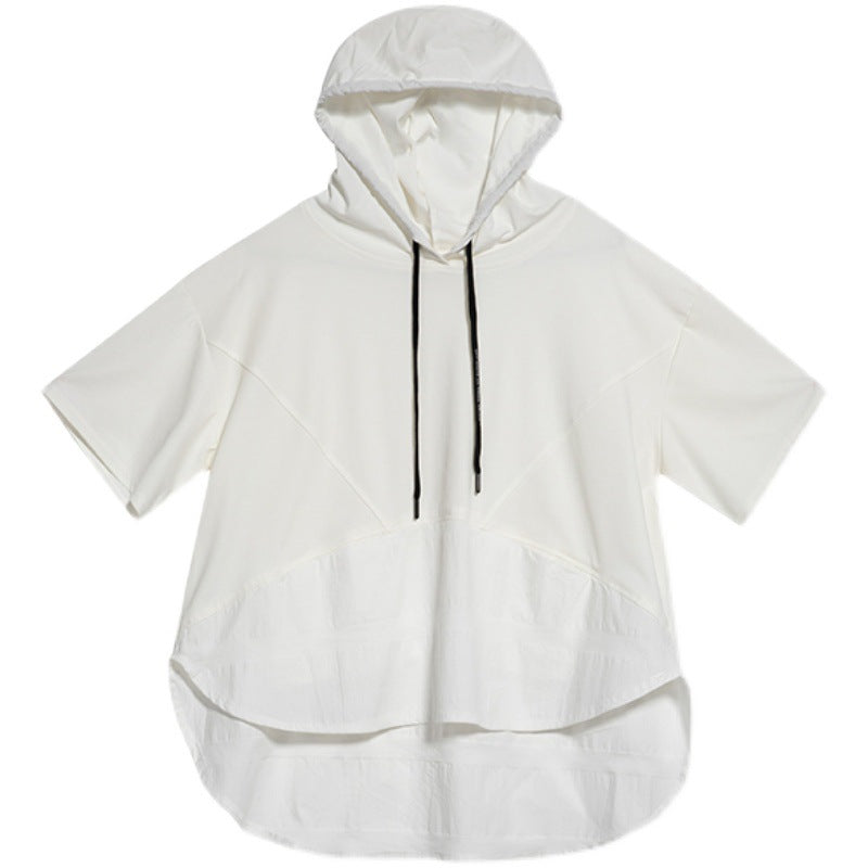 T Sweatshirt Hætte Løse Lommer Paneleret Tynd Korte Ærmer