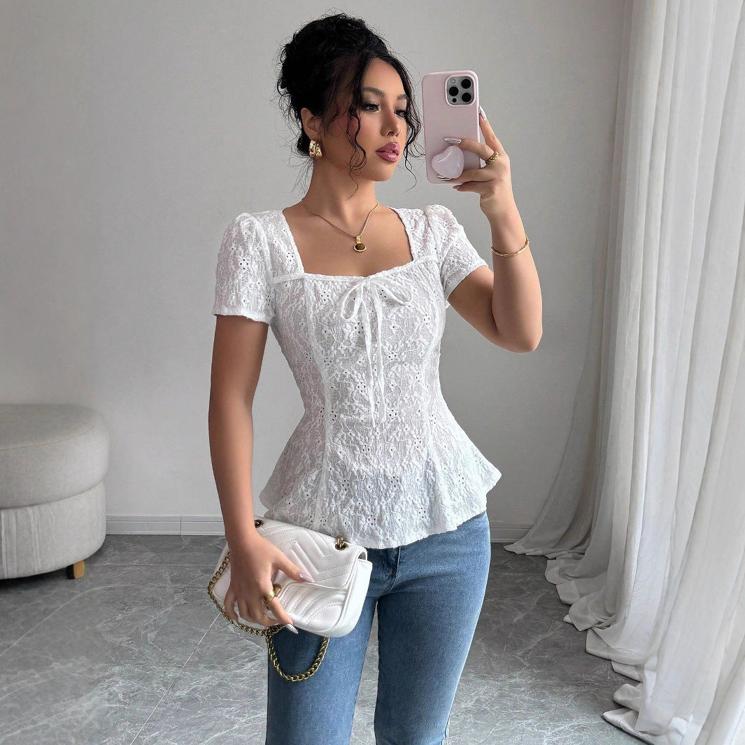 Casual Lace Blouse With A Square Neckline And Bow-tied Short Sleeves