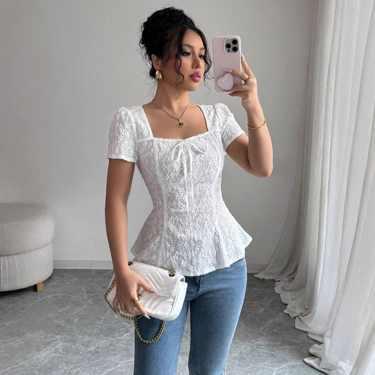 Casual Lace Blouse With A Square Neckline And Bow-tied Short Sleeves