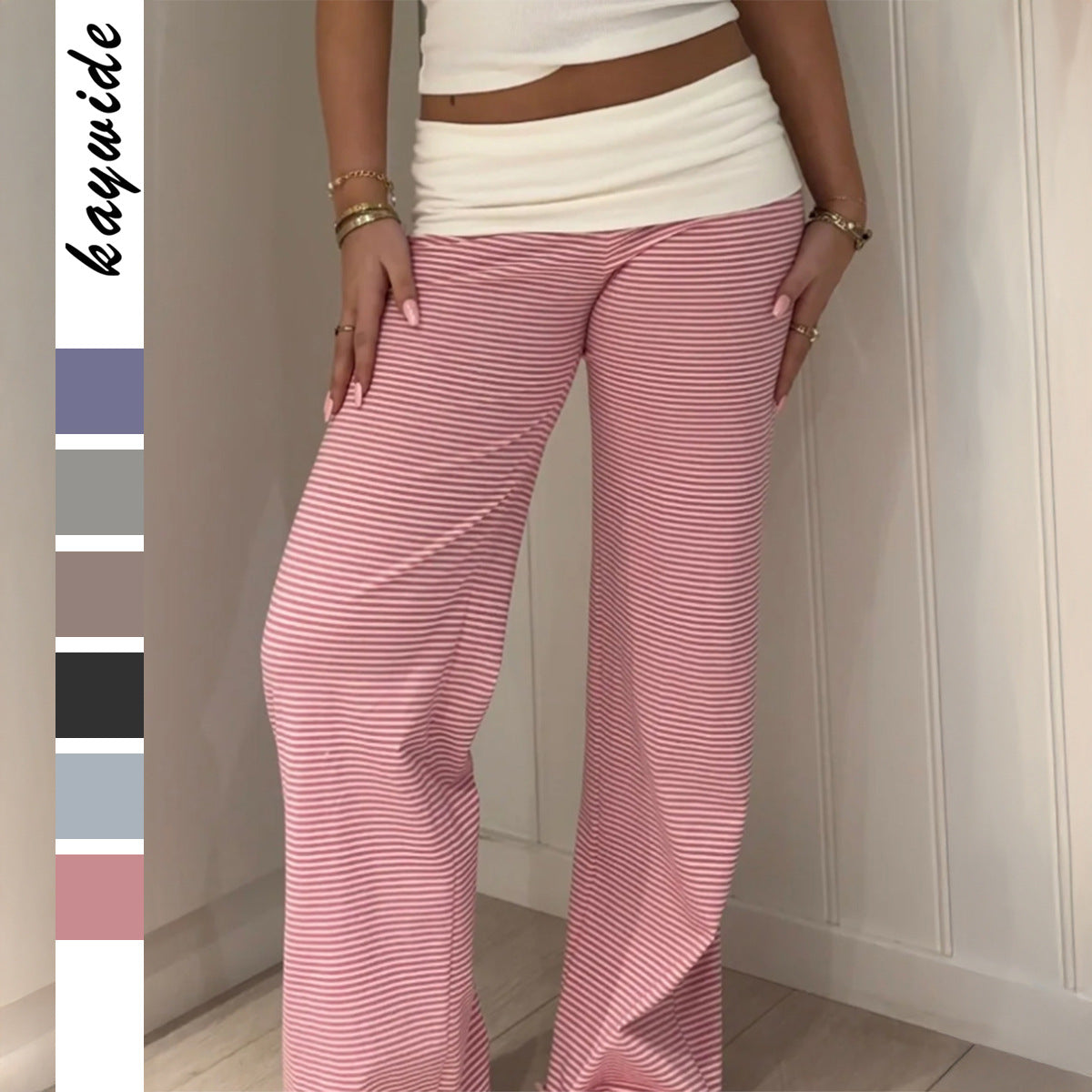 European And American-style Casual Resort Striped Belted Trousers For Women