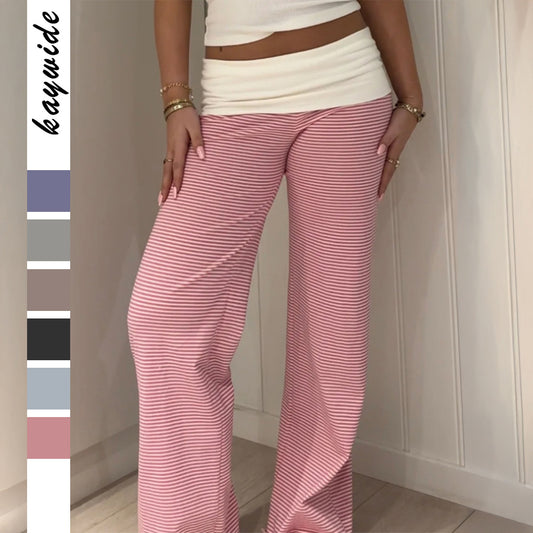 European And American-style Casual Resort Striped Belted Trousers For Women