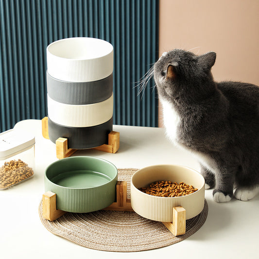 Pet Simple Wooden Frame Anti-tumble Ceramic Bowl