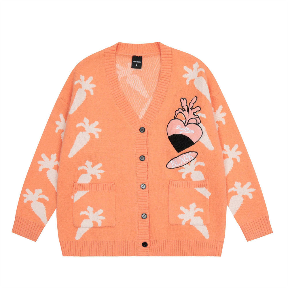 Covered With Radish Rabbit Jacquard Knitted Cardigan Boys Loose V-neck Button Sweater Coat