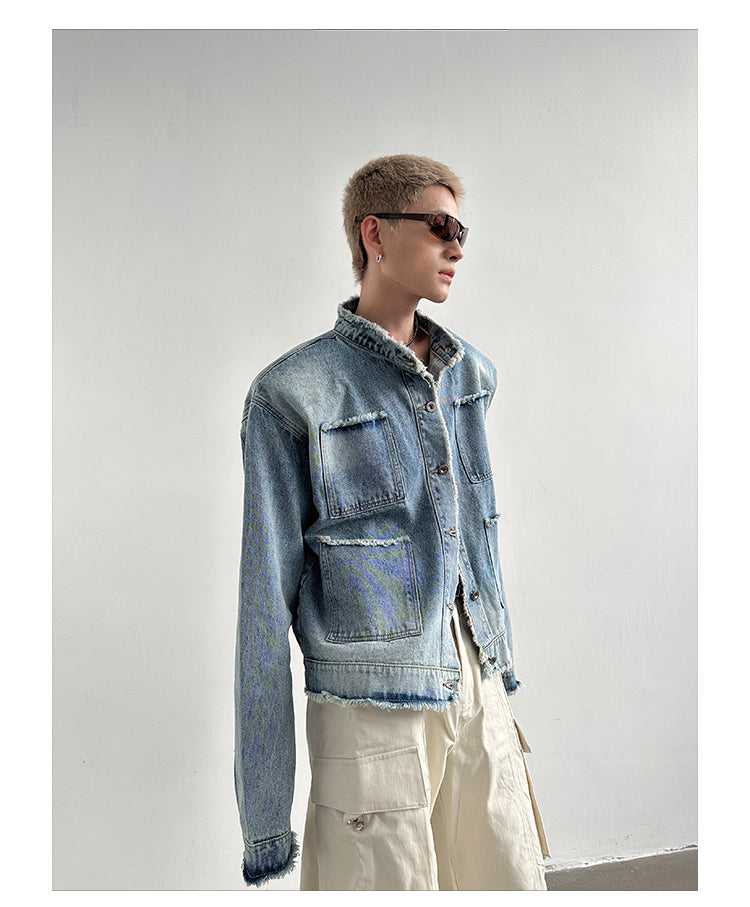 Damaged Design Feeling Rough Edge Washed Stand Collar Padded Shoulder Denim Jacket