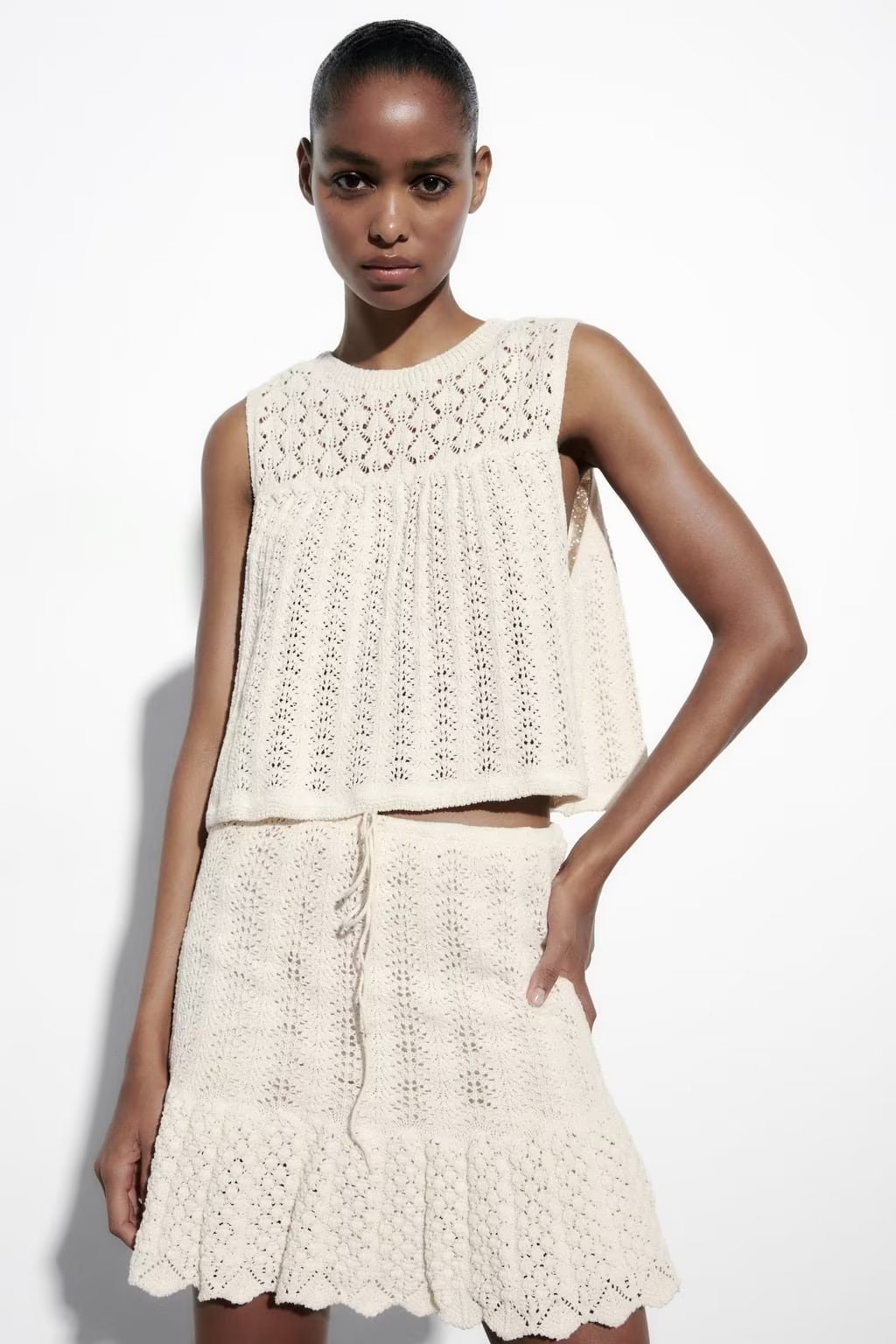 Round Neck Jacquard Mesh Hollow Out Sleeveless Knitted Top Drawstring Knitted Skirt Suit Women