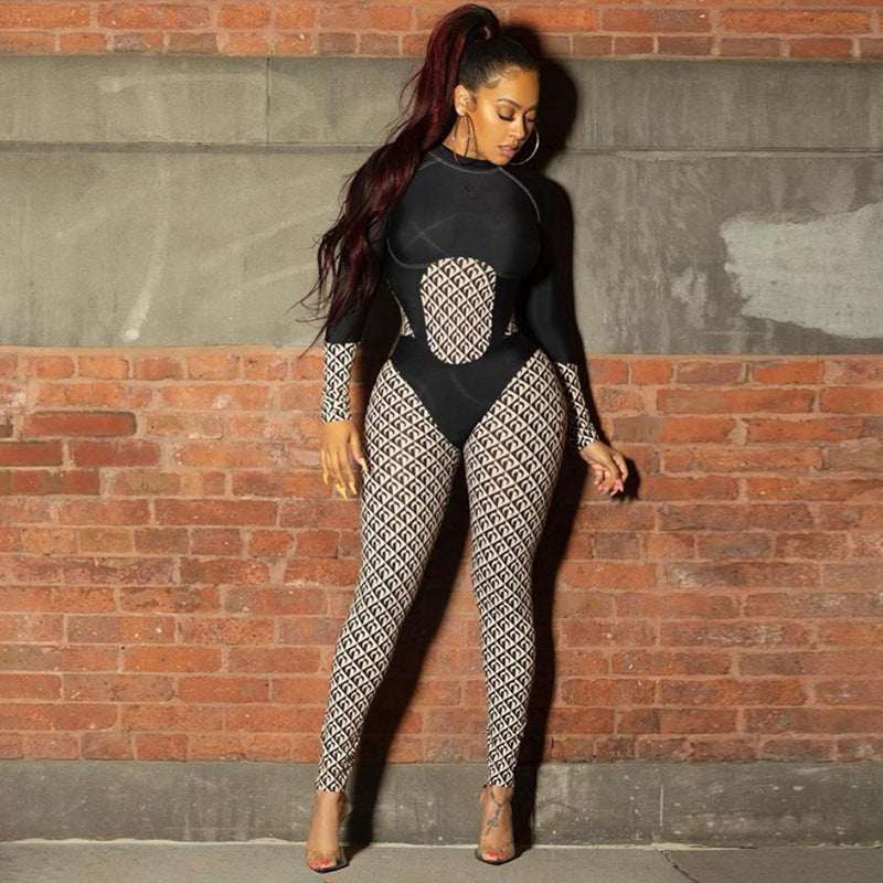 Spliced High-waist Tight-fitting Sports Fitness Jumpsuit