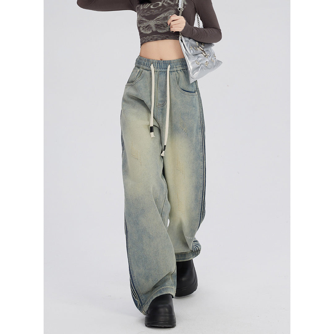 Side Wrinkle Design Elastic Waist Jeans