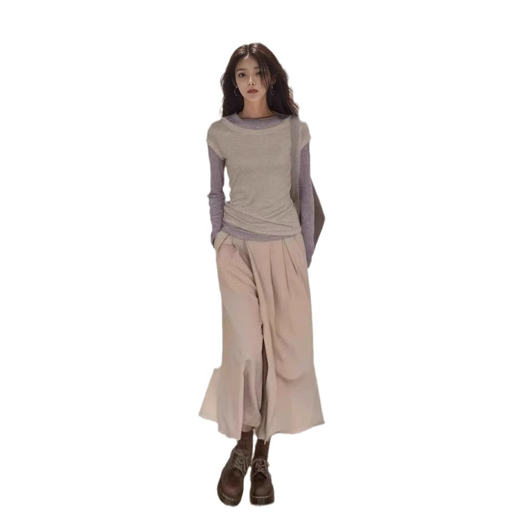 Women's Long Sleeve Faux Two Piece T Shirt Top