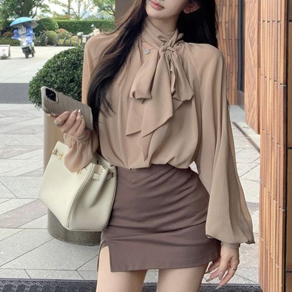 Lantern-sleeve Chiffon Blouse For Women Springautumn, Pure And Alluring French Style