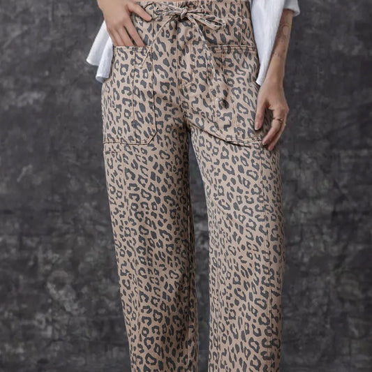 Khaki Leopard Printed Drawstring Elastic Waistband Pocketed Wide Leg Jeans